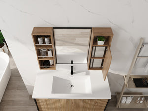 English Elm 39.4 Inch Wall Mounted Bathroom Mirror Cabinet with Adjustable Shelves and Plywood Build W999S00565