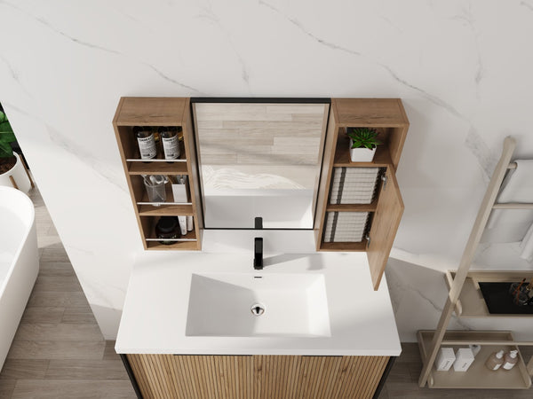 English Elm 39.4 Inch Wall Mounted Bathroom Mirror Cabinet with Adjustable Shelves and Plywood Build W999S00565
