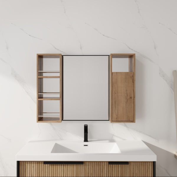 English Elm 39.4 Inch Wall Mounted Bathroom Mirror Cabinet with Adjustable Shelves and Plywood Build W999S00565