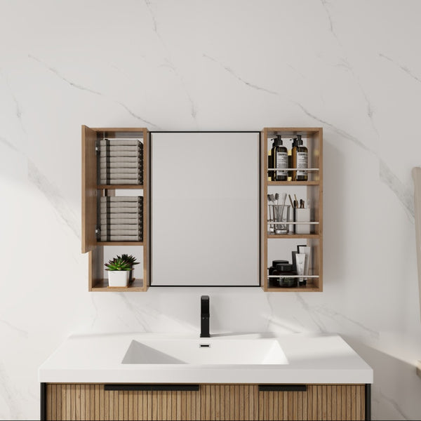 English Elm 39.4 Inch Wall Mounted Bathroom Mirror Cabinet with Adjustable Shelves and Plywood Build W999S00565