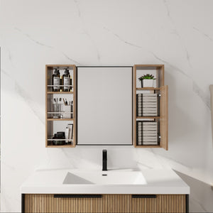 English Elm 39.4 Inch Wall Mounted Bathroom Mirror Cabinet with Adjustable Shelves and Plywood Build W999S00565
