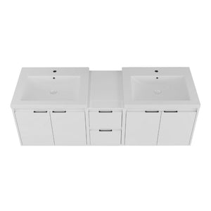 English Elm 60 Inch Wall Mount Double Sink Vanity Glossy White Plywood with Soft Close Storage W999S00568