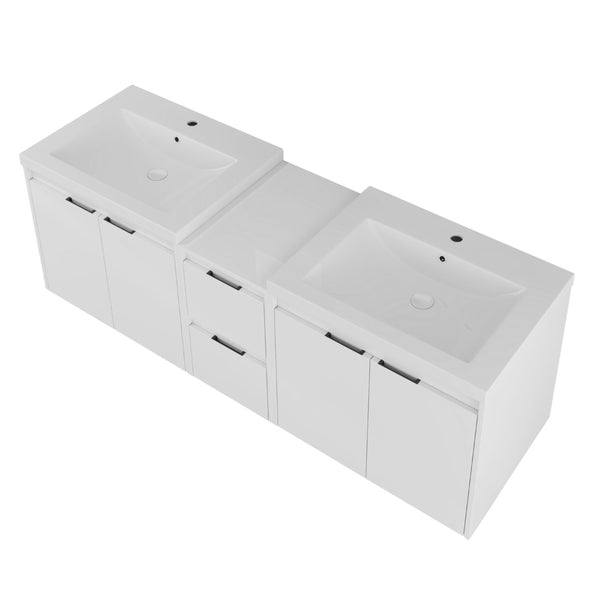 English Elm 60 Inch Wall Mount Double Sink Vanity Glossy White Plywood with Soft Close Storage W999S00568