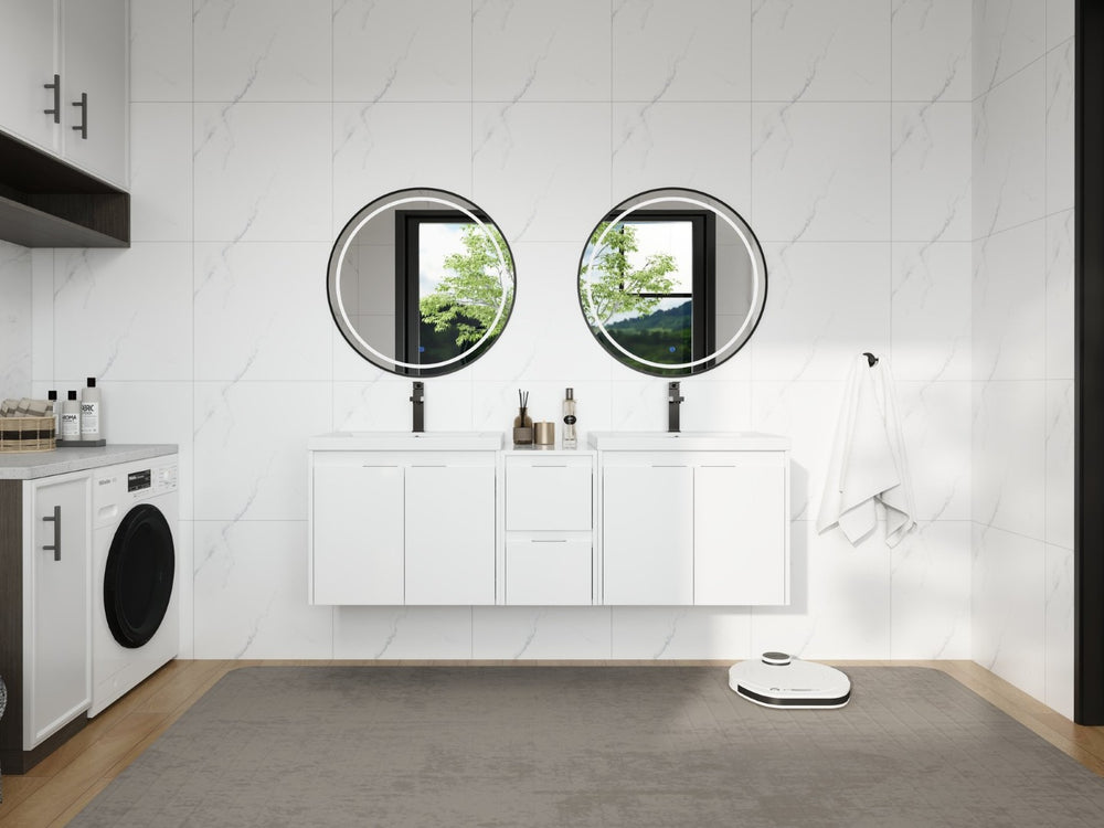 English Elm 60 Inch Wall Mount Double Sink Vanity Glossy White Plywood with Soft Close Storage W999S00568