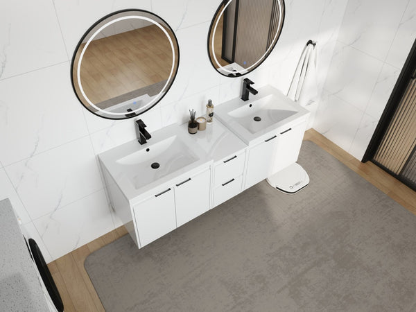English Elm 60 Inch Wall Mount Double Sink Vanity Glossy White Plywood with Soft Close Storage W999S00568