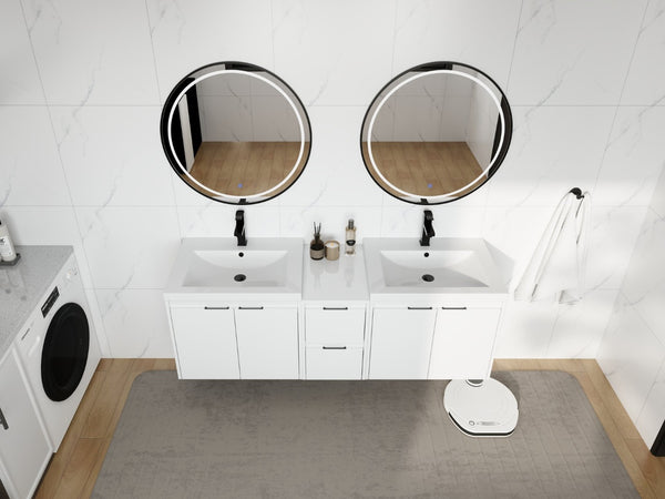 English Elm 60 Inch Wall Mount Double Sink Vanity Glossy White Plywood with Soft Close Storage W999S00568
