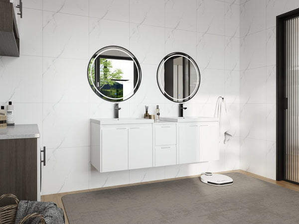 English Elm 60 Inch Wall Mount Double Sink Vanity Glossy White Plywood with Soft Close Storage W999S00568