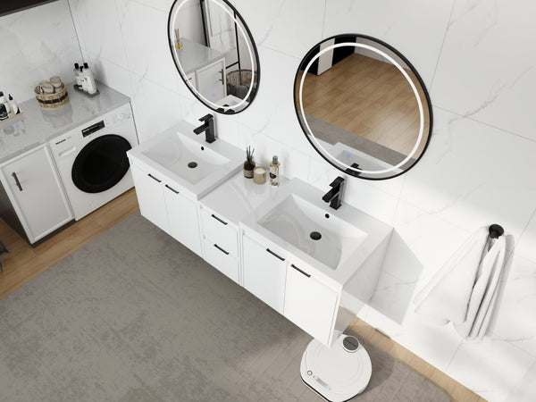 English Elm 60 Inch Wall Mount Double Sink Vanity Glossy White Plywood with Soft Close Storage W999S00568