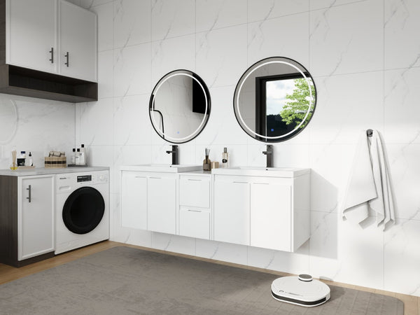 English Elm 60 Inch Wall Mount Double Sink Vanity Glossy White Plywood with Soft Close Storage W999S00568