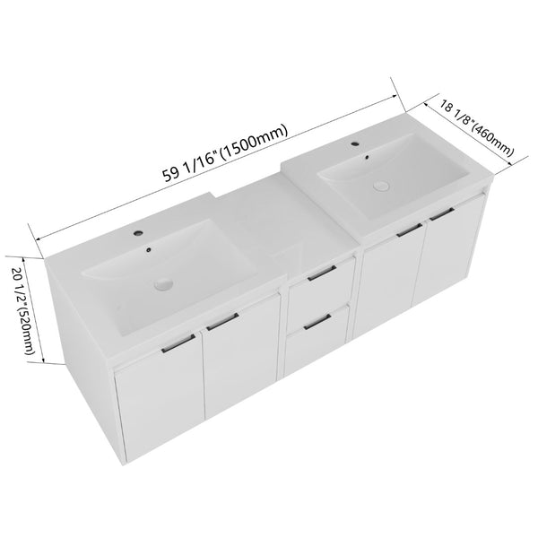 English Elm 60 Inch Wall Mount Double Sink Vanity Glossy White Plywood with Soft Close Storage W999S00568
