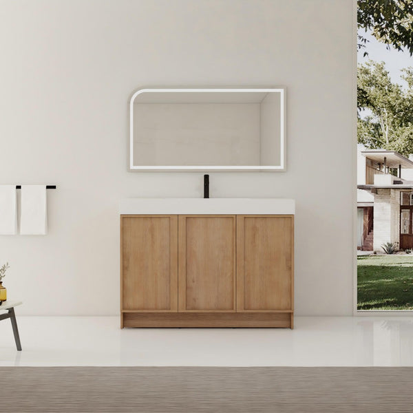 English Elm 48 Inch Freestanding Bathroom Vanity with Resin Sink Oak Finish Soft Close Doors W999S00569
