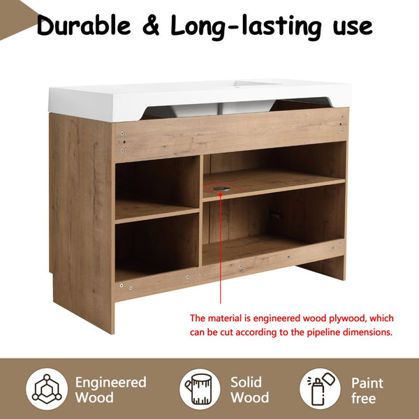 English Elm 48 Inch Freestanding Bathroom Vanity with Resin Sink Oak Finish Soft Close Doors W999S00569