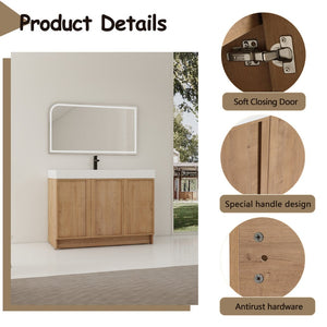 English Elm 48 Inch Freestanding Bathroom Vanity with Resin Sink Oak Finish Soft Close Doors W999S00569