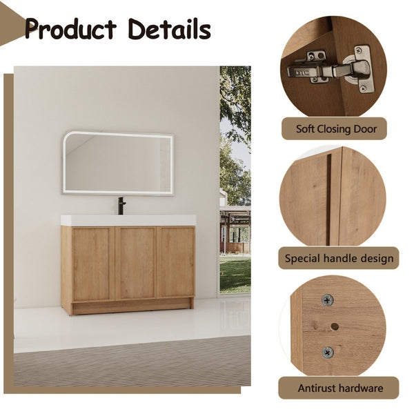 English Elm 48 Inch Freestanding Bathroom Vanity with Resin Sink Oak Finish Soft Close Doors W999S00569