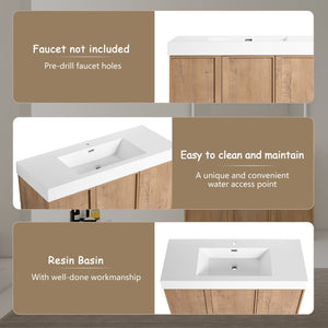 English Elm 48 Inch Freestanding Bathroom Vanity with Resin Sink Oak Finish Soft Close Doors W999S00569