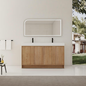 English Elm 60 Inch Freestanding Bathroom Vanity Dual Resin Sinks Soft Close Oak Finish W999S00570