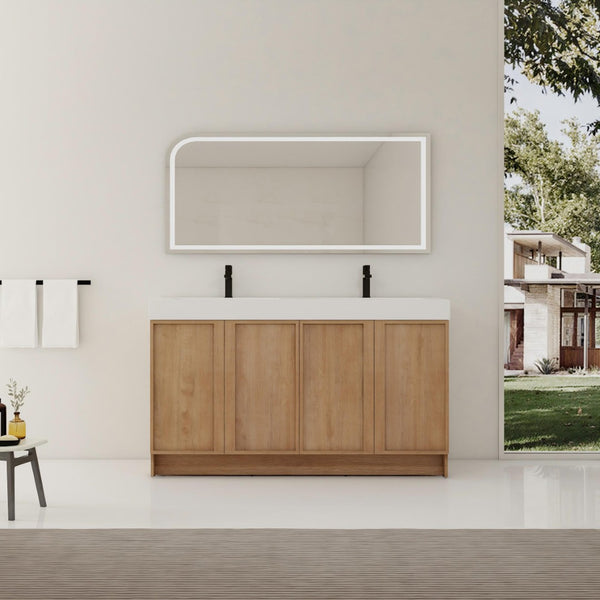 English Elm 60 Inch Freestanding Bathroom Vanity Dual Resin Sinks Soft Close Oak Finish W999S00570
