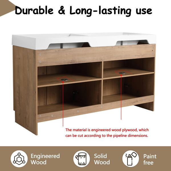 English Elm 60 Inch Freestanding Bathroom Vanity Dual Resin Sinks Soft Close Oak Finish W999S00570