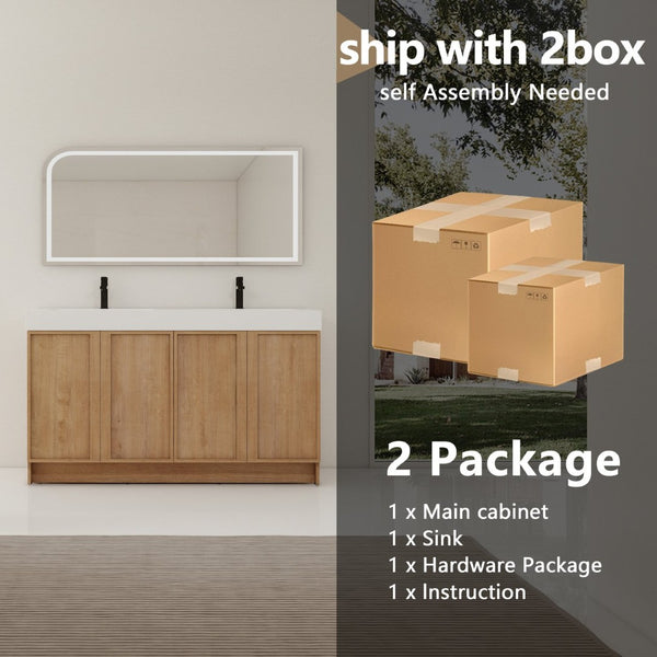 English Elm 60 Inch Freestanding Bathroom Vanity Dual Resin Sinks Soft Close Oak Finish W999S00570