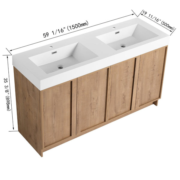 English Elm 60 Inch Freestanding Bathroom Vanity Dual Resin Sinks Soft Close Oak Finish W999S00570