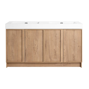 English Elm 60 Inch Freestanding Bathroom Vanity Dual Resin Sinks Soft Close Oak Finish W999S00570