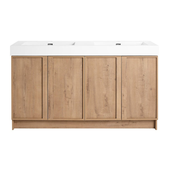 English Elm 60 Inch Freestanding Bathroom Vanity Dual Resin Sinks Soft Close Oak Finish W999S00570