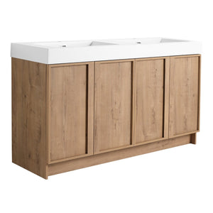English Elm 60 Inch Freestanding Bathroom Vanity Dual Resin Sinks Soft Close Oak Finish W999S00570