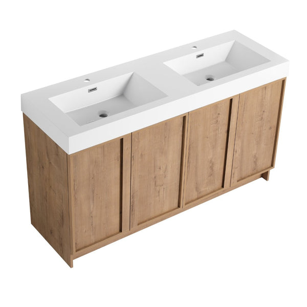 English Elm 60 Inch Freestanding Bathroom Vanity Dual Resin Sinks Soft Close Oak Finish W999S00570