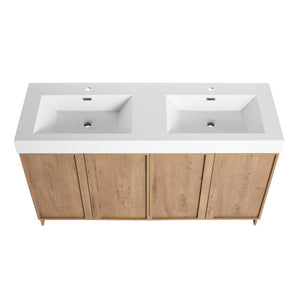 English Elm 60 Inch Freestanding Bathroom Vanity Dual Resin Sinks Soft Close Oak Finish W999S00570