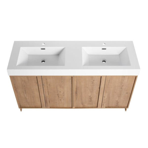 English Elm 60 Inch Freestanding Bathroom Vanity Dual Resin Sinks Soft Close Oak Finish W999S00570