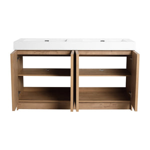English Elm 60 Inch Freestanding Bathroom Vanity Dual Resin Sinks Soft Close Oak Finish W999S00570