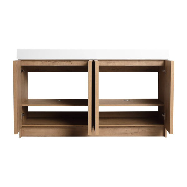 English Elm 60 Inch Freestanding Bathroom Vanity Dual Resin Sinks Soft Close Oak Finish W999S00570