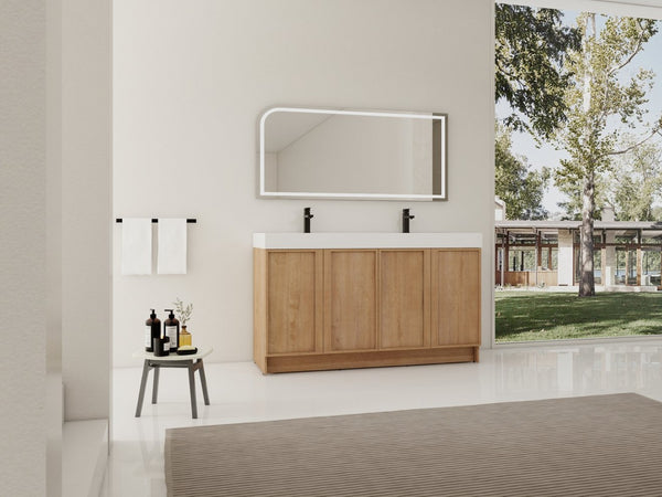 English Elm 60 Inch Freestanding Bathroom Vanity Dual Resin Sinks Soft Close Oak Finish W999S00570