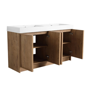 English Elm 60 Inch Freestanding Bathroom Vanity Dual Resin Sinks Soft Close Oak Finish W999S00570