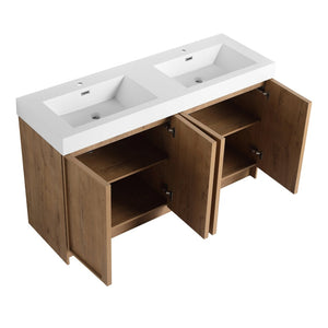 English Elm 60 Inch Freestanding Bathroom Vanity Dual Resin Sinks Soft Close Oak Finish W999S00570