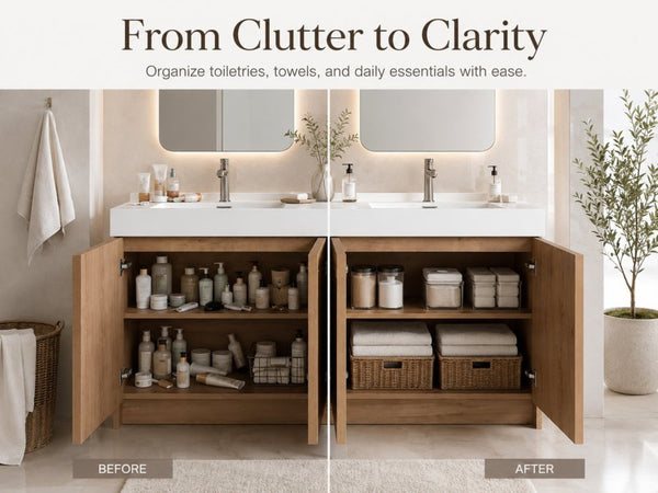 English Elm 60 Inch Freestanding Bathroom Vanity Dual Resin Sinks Soft Close Oak Finish W999S00570