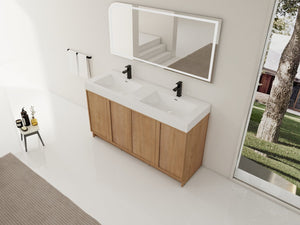 English Elm 60 Inch Freestanding Bathroom Vanity Dual Resin Sinks Soft Close Oak Finish W999S00570