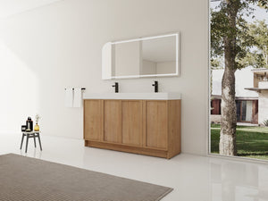 English Elm 60 Inch Freestanding Bathroom Vanity Dual Resin Sinks Soft Close Oak Finish W999S00570