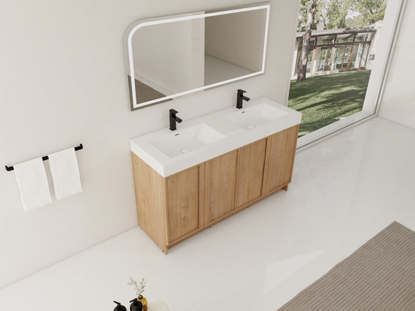 English Elm 60 Inch Freestanding Bathroom Vanity Dual Resin Sinks Soft Close Oak Finish W999S00570