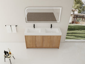 English Elm 60 Inch Freestanding Bathroom Vanity Dual Resin Sinks Soft Close Oak Finish W999S00570