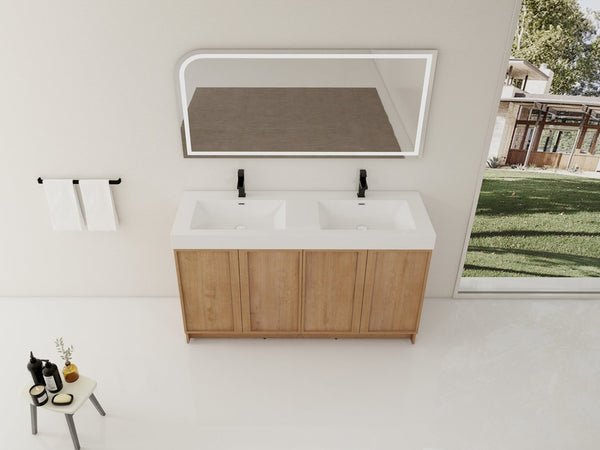 English Elm 60 Inch Freestanding Bathroom Vanity Dual Resin Sinks Soft Close Oak Finish W999S00570