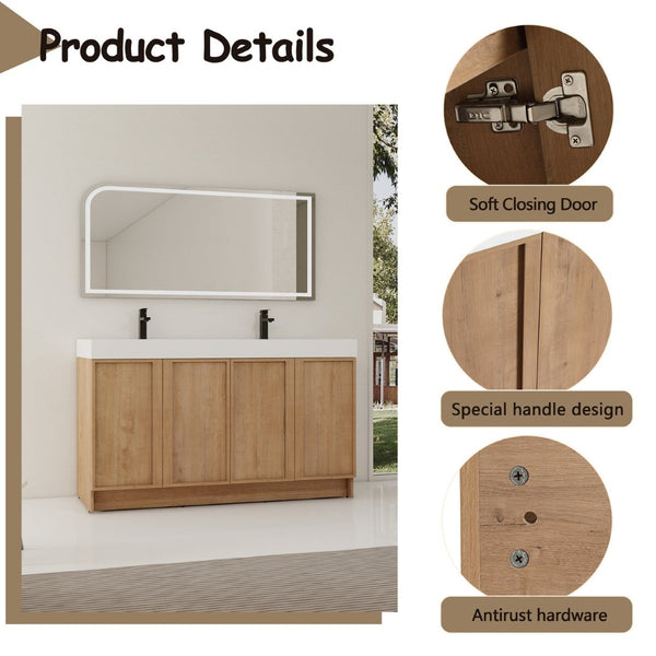 English Elm 60 Inch Freestanding Bathroom Vanity Dual Resin Sinks Soft Close Oak Finish W999S00570