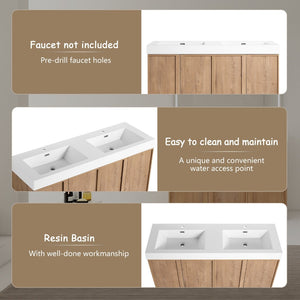 English Elm 60 Inch Freestanding Bathroom Vanity Dual Resin Sinks Soft Close Oak Finish W999S00570