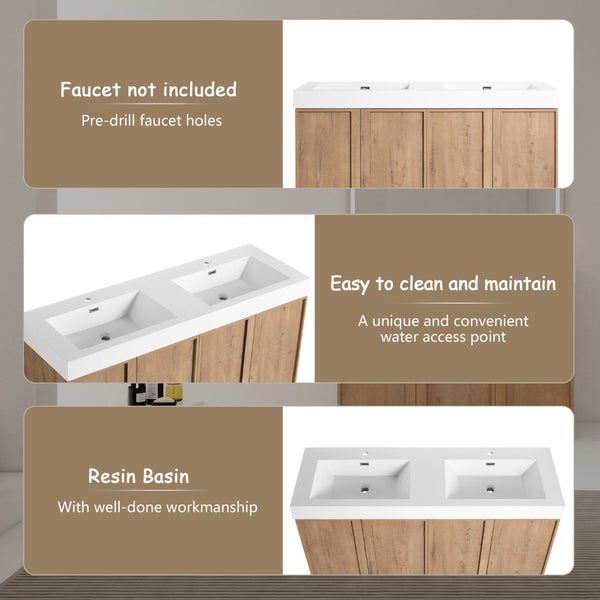 English Elm 60 Inch Freestanding Bathroom Vanity Dual Resin Sinks Soft Close Oak Finish W999S00570