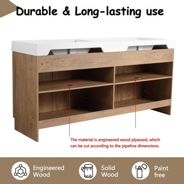 English Elm 72 Inch Freestanding Double Sink Bathroom Vanity Oak Finish Soft Close Plywood Cabinet W999S00571