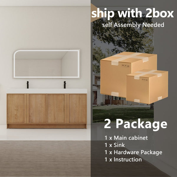 English Elm 72 Inch Freestanding Double Sink Bathroom Vanity Oak Finish Soft Close Plywood Cabinet W999S00571