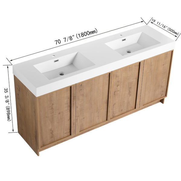 English Elm 72 Inch Freestanding Double Sink Bathroom Vanity Oak Finish Soft Close Plywood Cabinet W999S00571