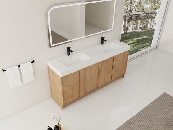 English Elm 72 Inch Freestanding Double Sink Bathroom Vanity Oak Finish Soft Close Plywood Cabinet W999S00571