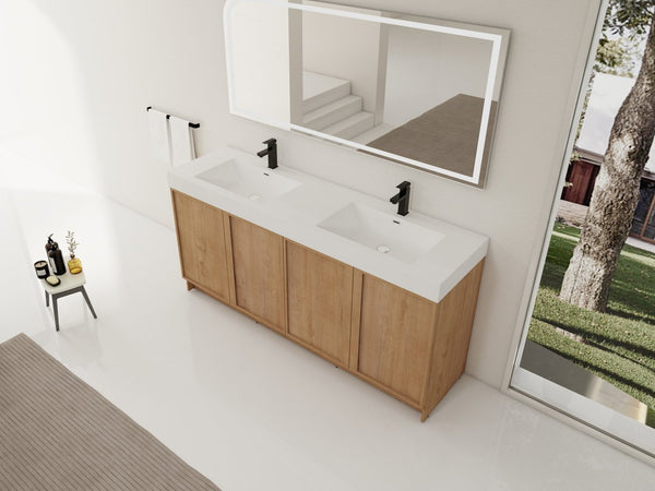 English Elm 72 Inch Freestanding Double Sink Bathroom Vanity Oak Finish Soft Close Plywood Cabinet W999S00571
