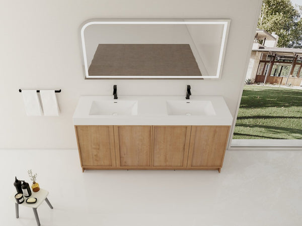 English Elm 72 Inch Freestanding Double Sink Bathroom Vanity Oak Finish Soft Close Plywood Cabinet W999S00571